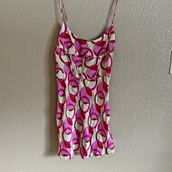 Zara Pink Green Printed Mod Satin Effect Mini Dress Womens M Blogger Favorite - Picture 1 of 14